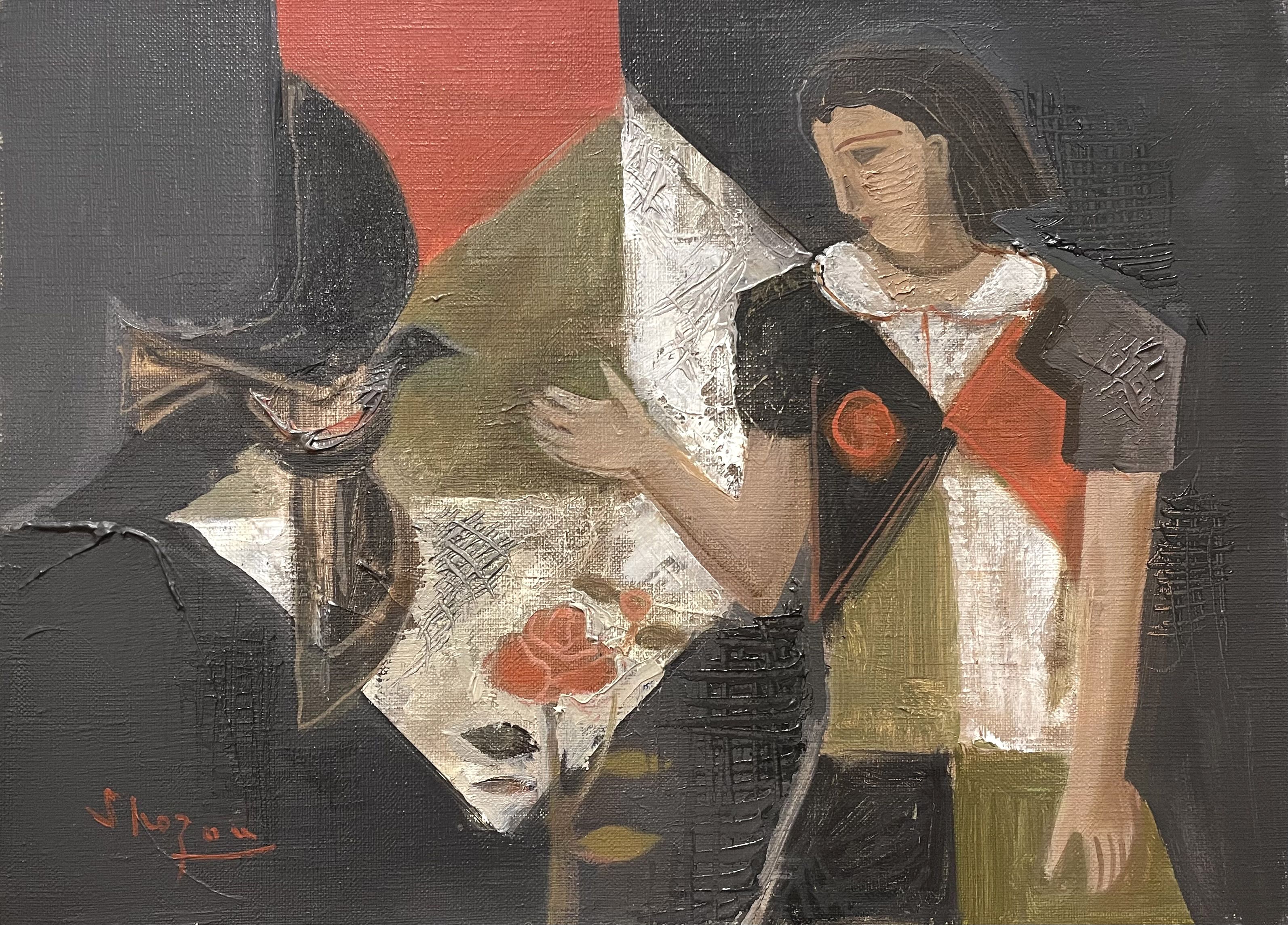 島田章三 「女と鳥」 F4 油彩